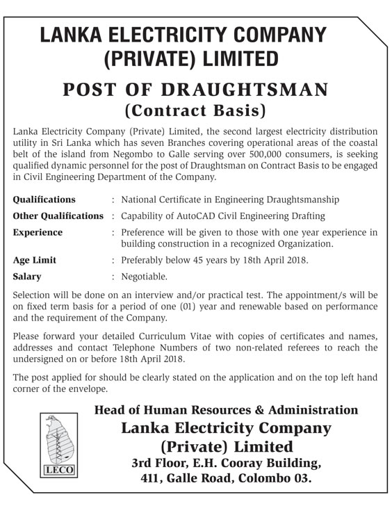 Draughtsman - Lanka Electricity Company (Pvt) Ltd